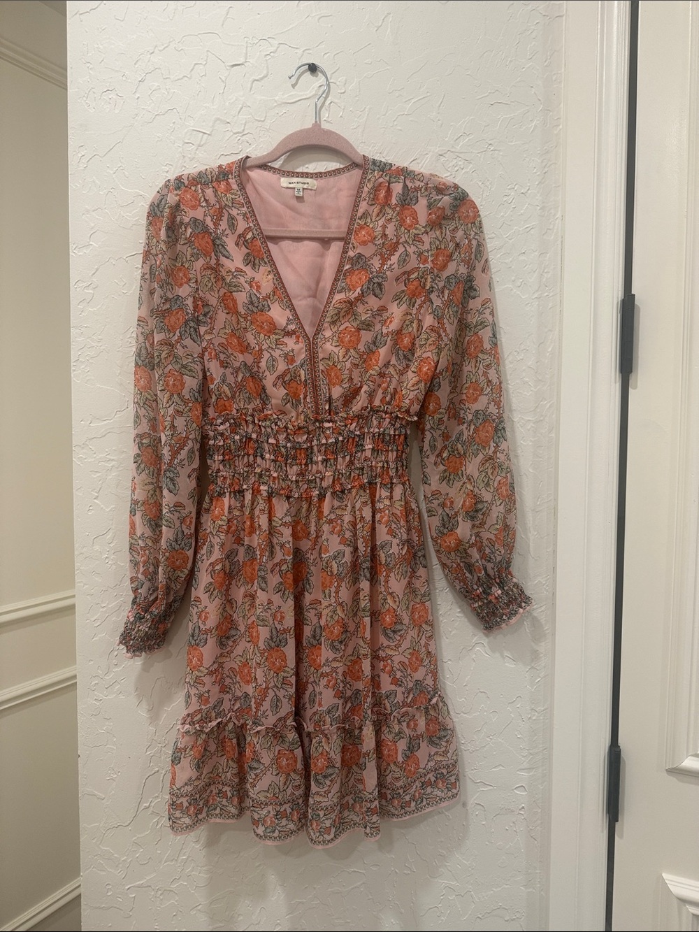 Max Studio Pink Floral Smocked Waist Long Sleeve Dress